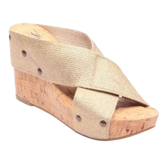 Lucky Brand Miller 2 Cork Wedge Sandals Women’s Canvas Straps in Rose Gold - Picture 1 of 16